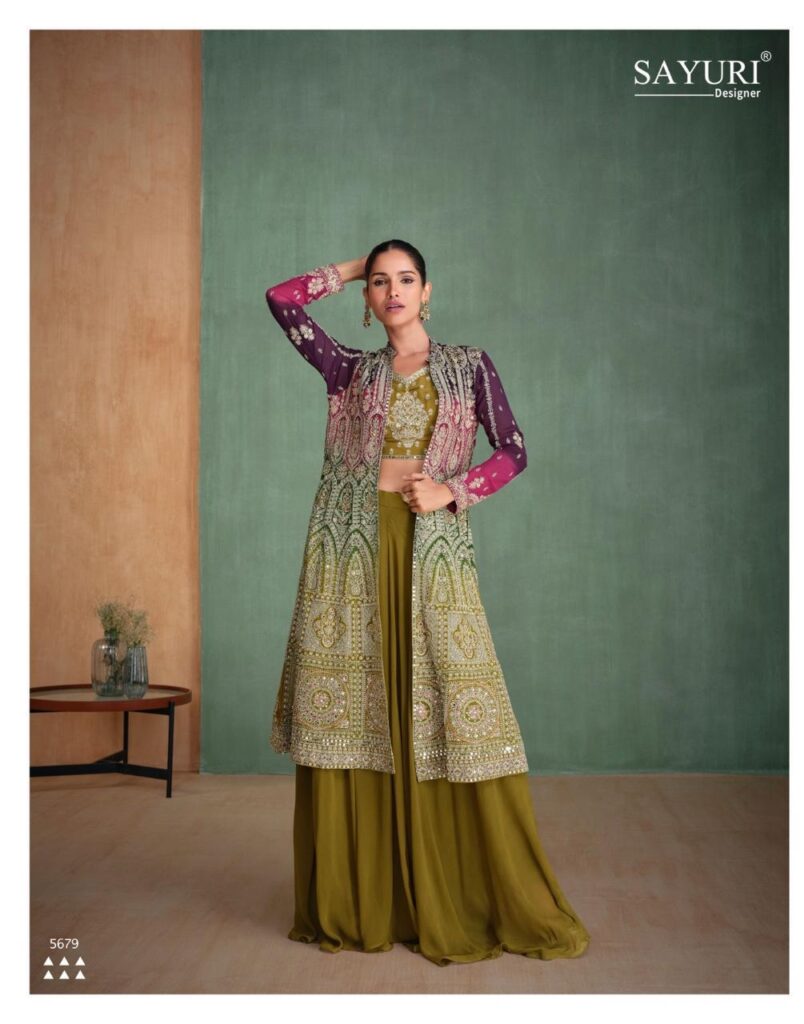 Olive Green Georgette Palazzo Set with Jacket and Crop Top