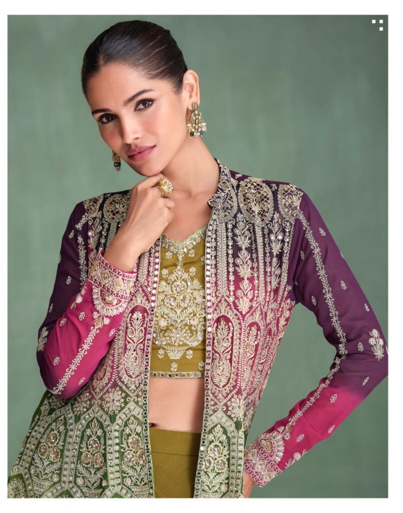 Olive Green Georgette Palazzo Set with Jacket and Crop Top