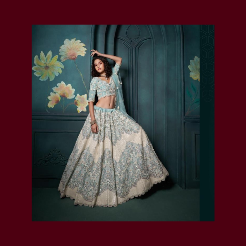 Powder Blue Heavy Embroidered Wedding Lehenga