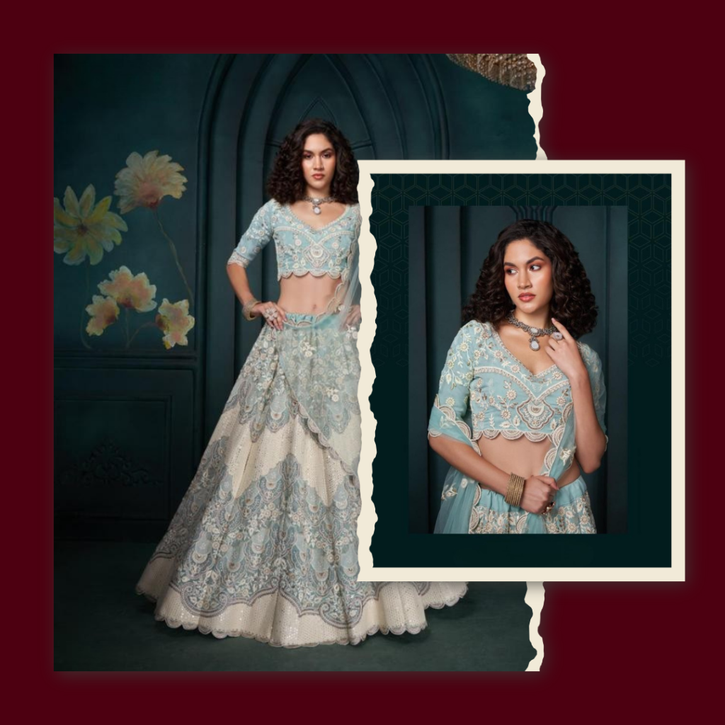 Powder Blue Heavy Embroidered Wedding Lehenga