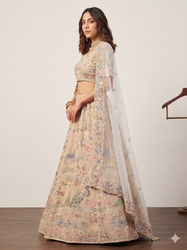Off White Beautiful Thread and Sequins Work Lehenga Set