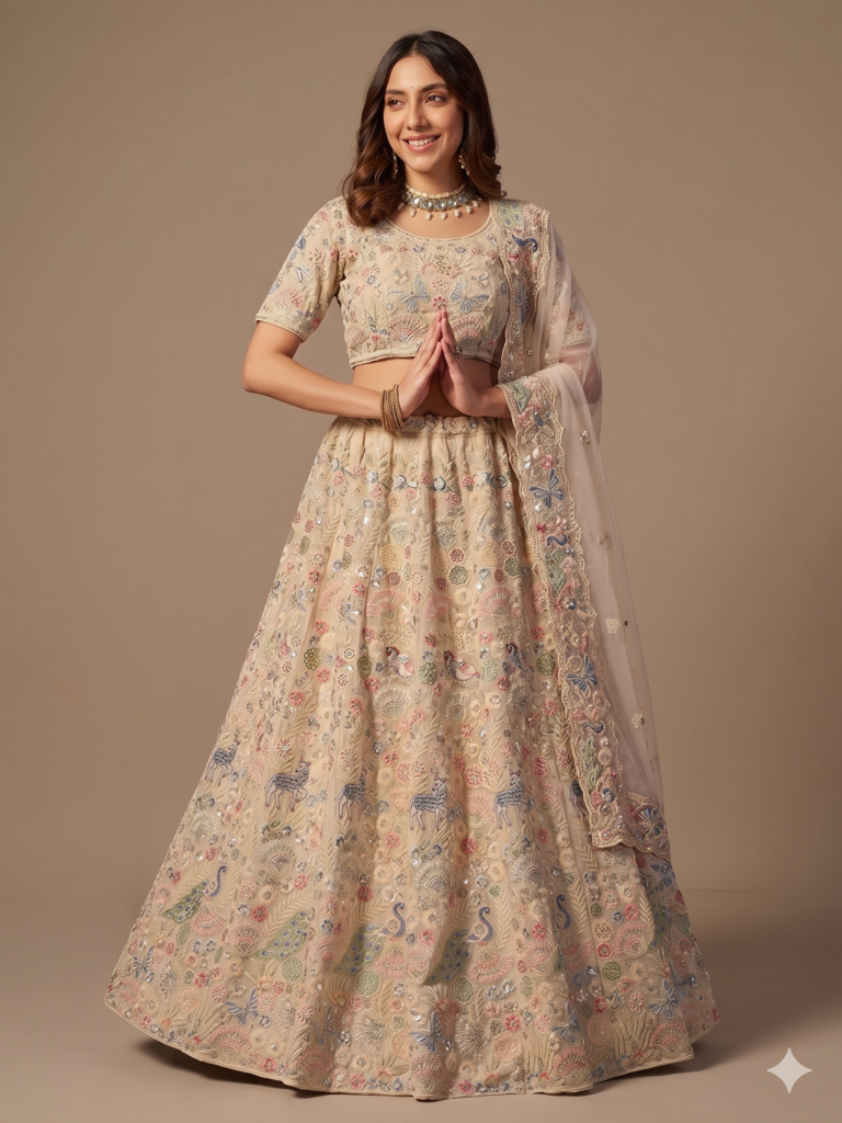Off White Beautiful Thread and Sequins Work Lehenga Set