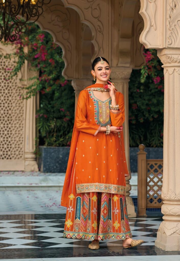 Vibrant Orange Heavy Chinnon Palazzo Set