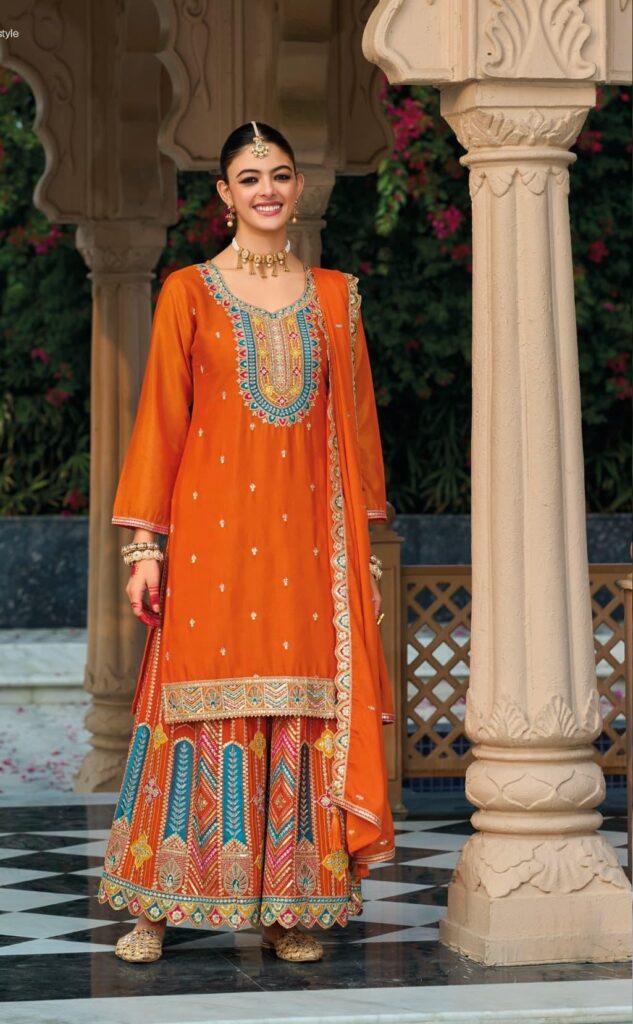 Vibrant Orange Heavy Chinnon Palazzo Set