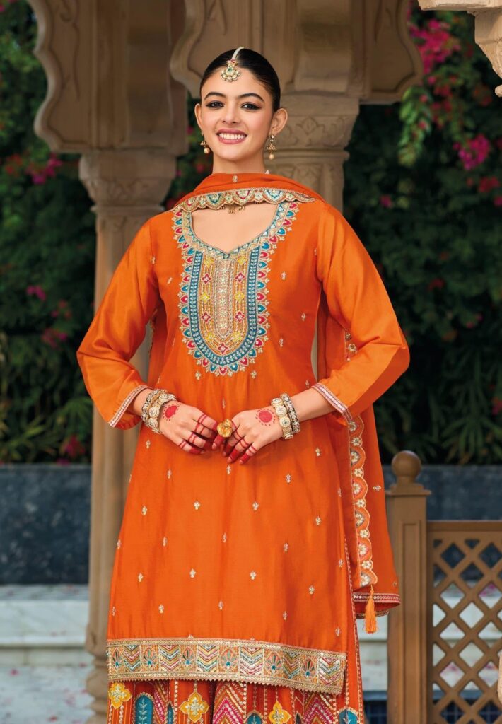 Vibrant Orange Heavy Chinnon Palazzo Set