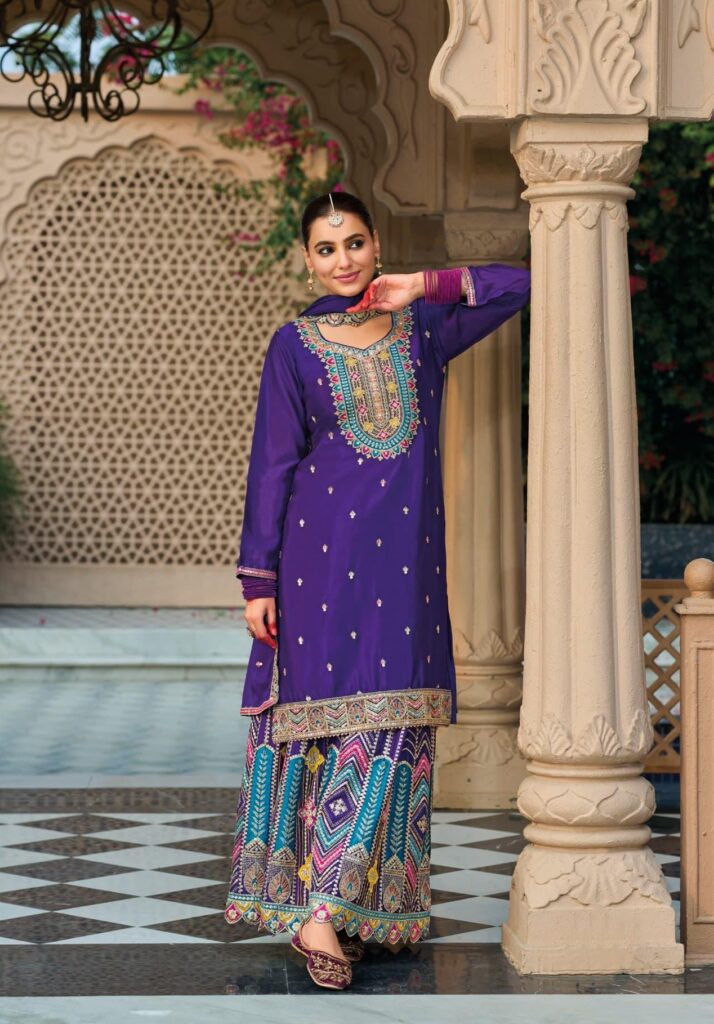 Purple Heavy Embroidered Palazzo Set
