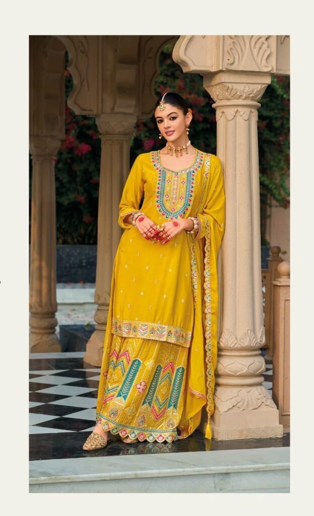 Yellow Heavy Chinon Emroidered Palazzo Suit