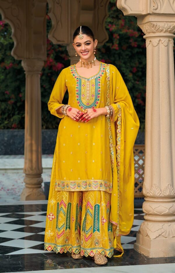Yellow Heavy Chinon Emroidered Palazzo Suit