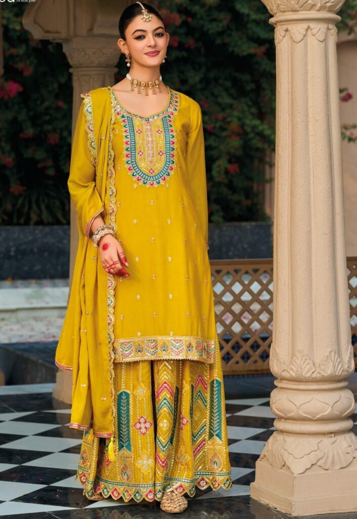 Yellow Heavy Chinon Emroidered Palazzo Suit