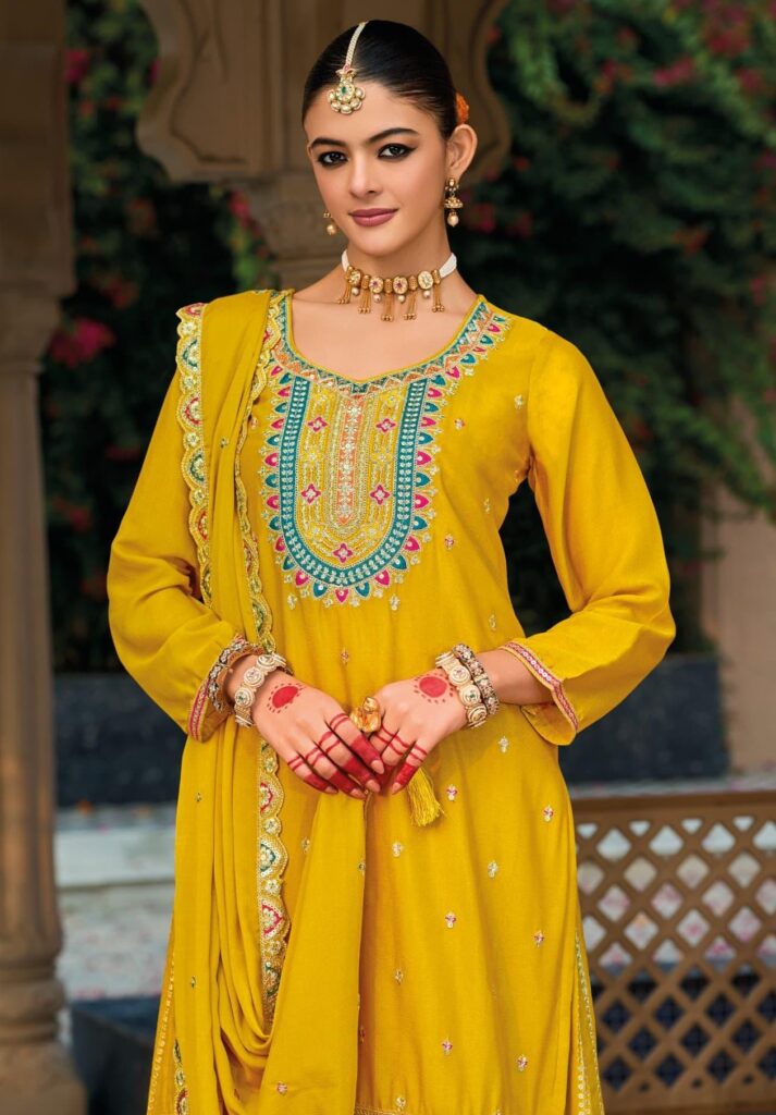 Yellow Heavy Chinon Emroidered Palazzo Suit