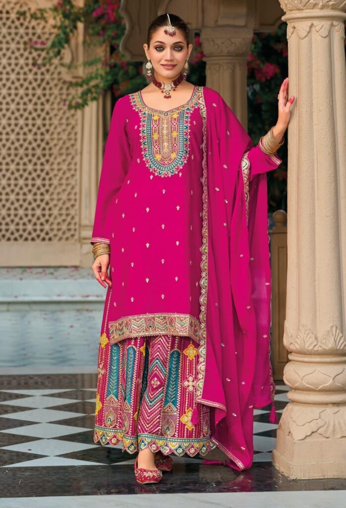Royal Pink Heavy Embroidered Palazzo Set