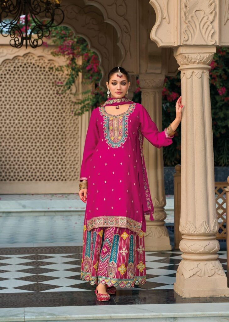 Royal Pink Heavy Embroidered Palazzo Set