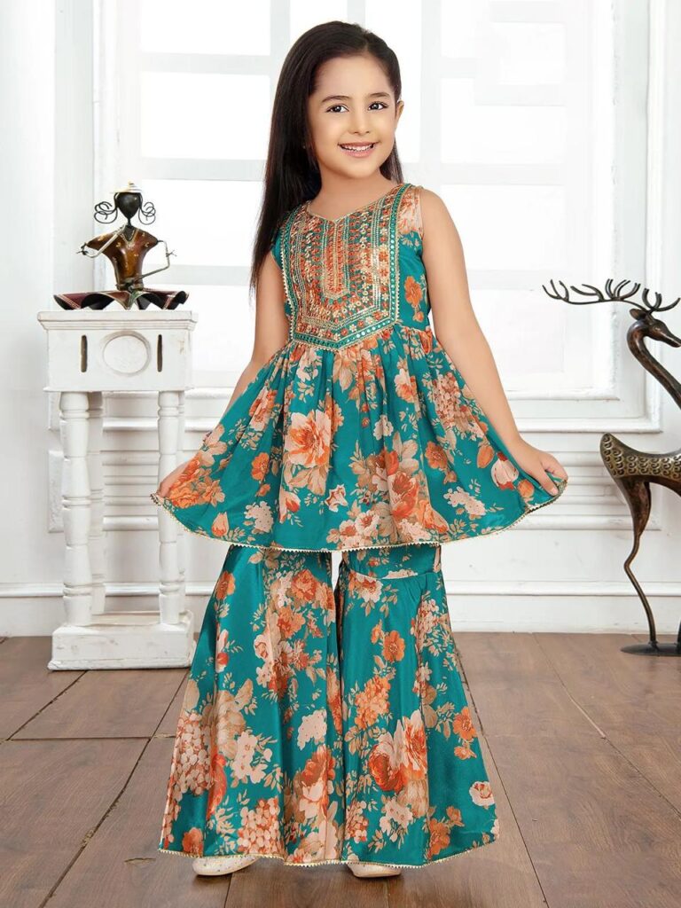 Green heavy sequins kids printed Sharara set