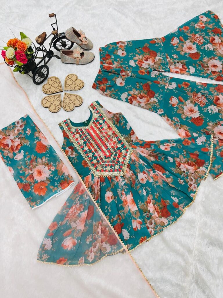Green heavy sequins kids printed Sharara set