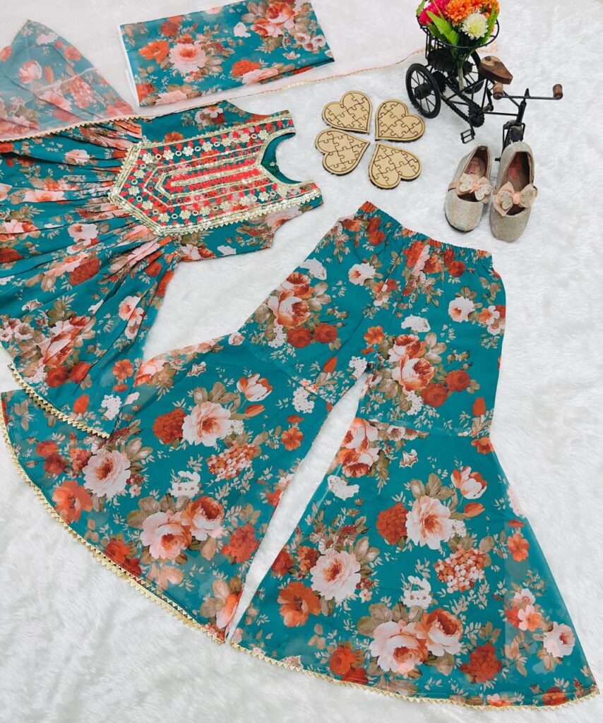 Green heavy sequins kids printed Sharara set