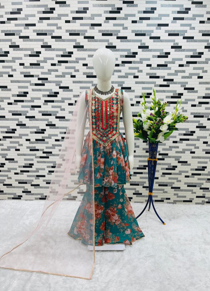 Green heavy sequins kids printed Sharara set