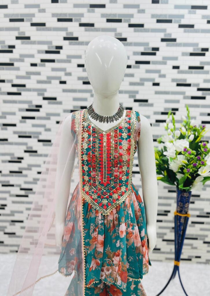 Green heavy sequins kids printed Sharara set