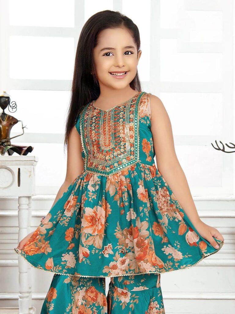 Green heavy sequins kids printed Sharara set