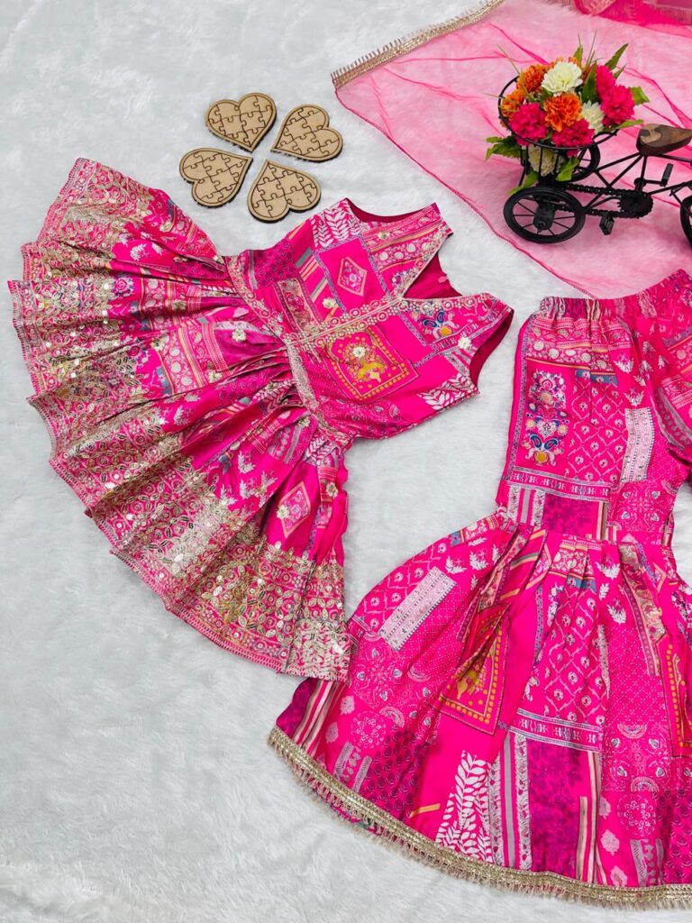 Pink heavy sequins designer printed Sharara set for kids