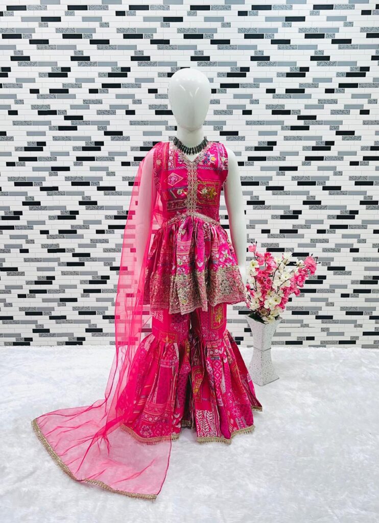 Pink heavy sequins designer printed Sharara set for kids
