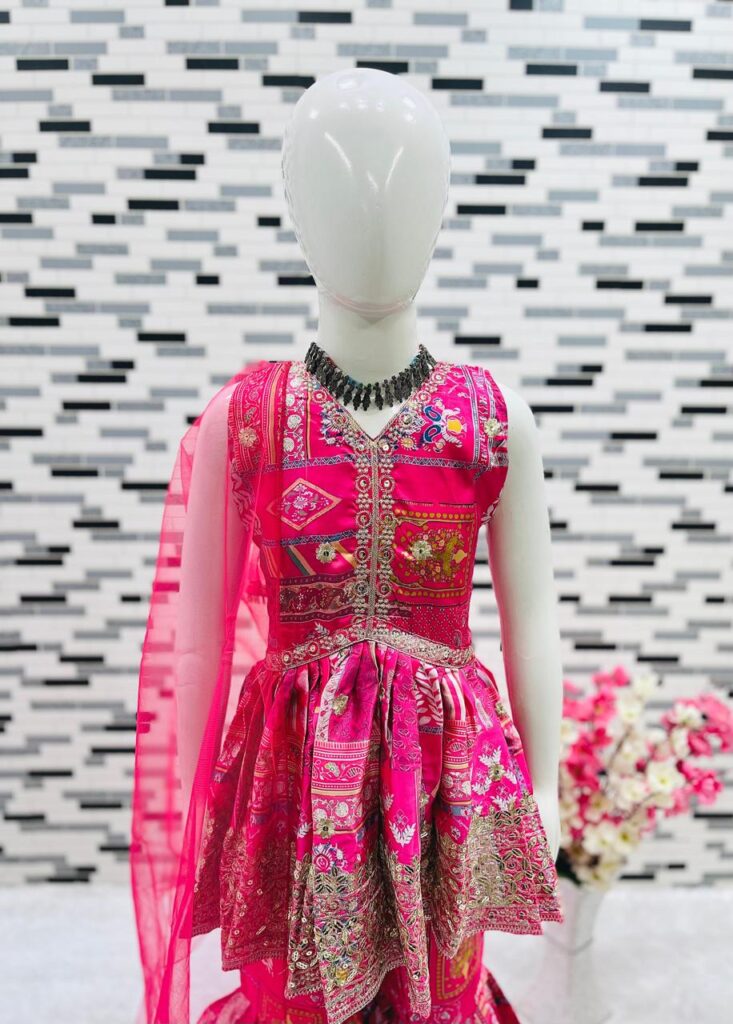 Pink heavy sequins designer printed Sharara set for kids