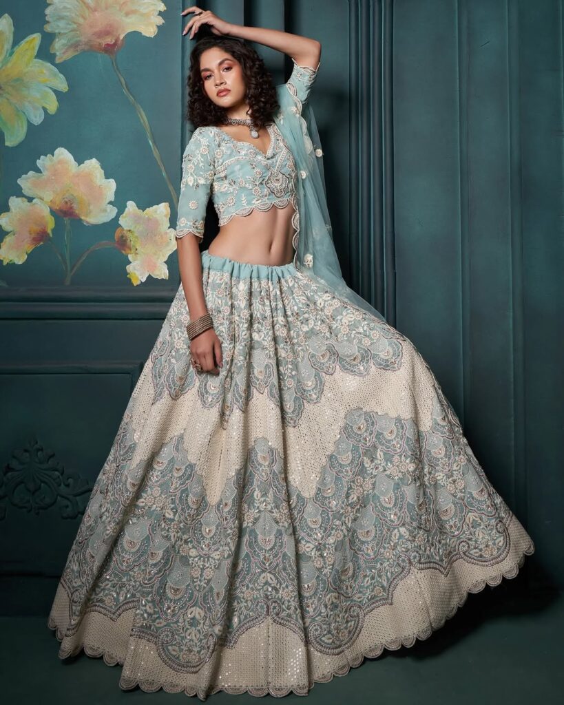 Powder Blue Heavy Embroidered Wedding Lehenga