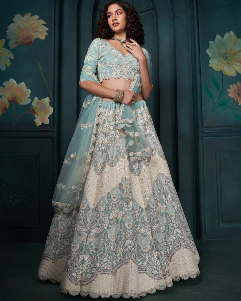 Powder Blue Heavy Embroidered Wedding Lehenga