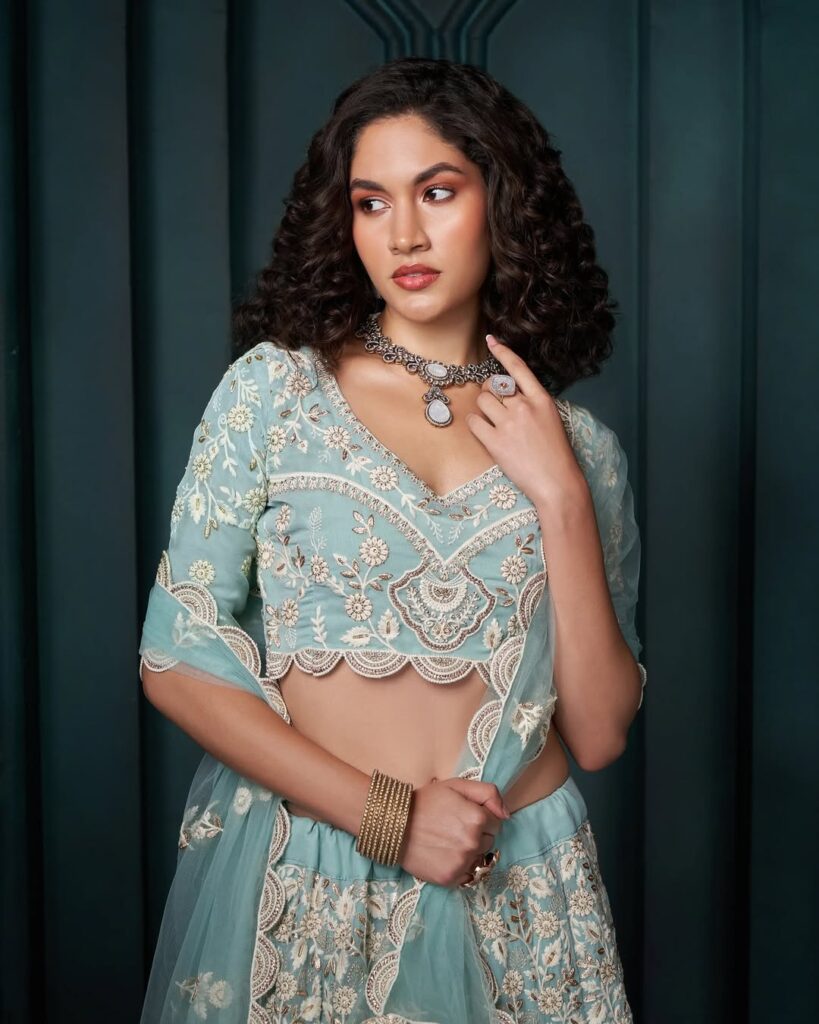 Powder Blue Heavy Embroidered Wedding Lehenga