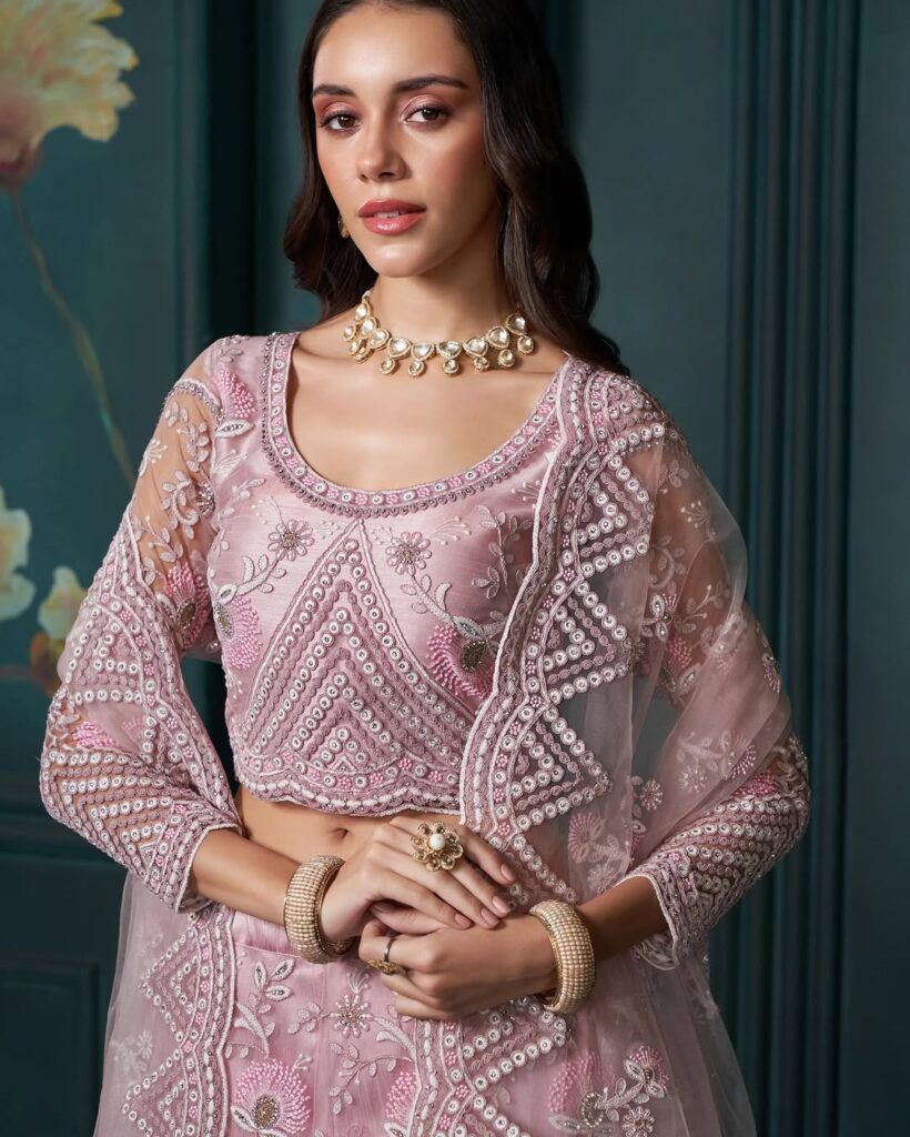 Blush Pink Heavy Embroidered Net Lehenga