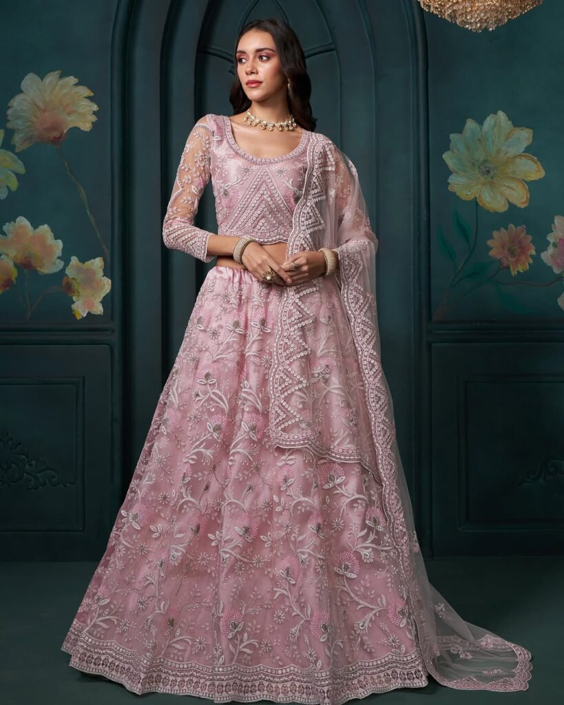 Blush Pink Heavy Embroidered Net Lehenga