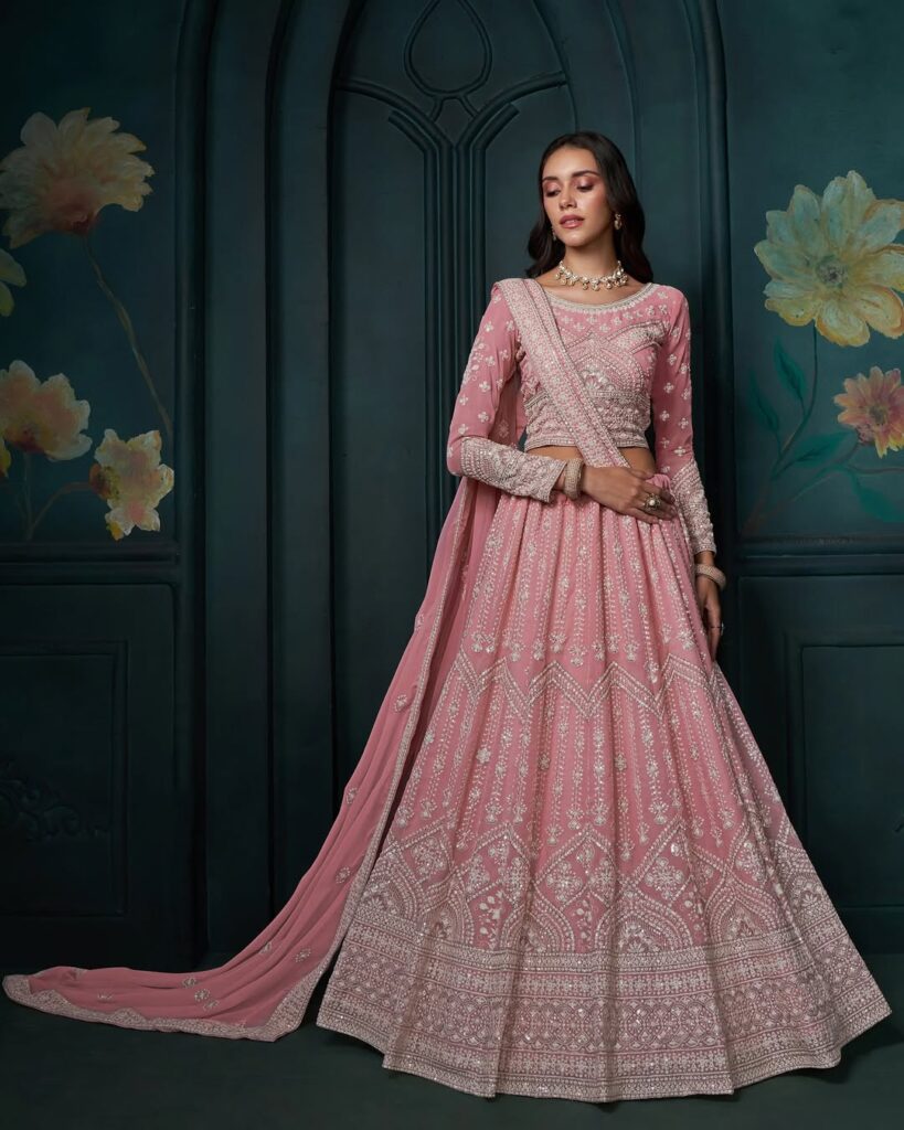 Baby Pink Heavy Embroidered Wedding Lehenga