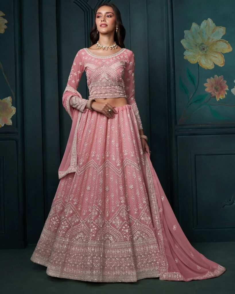 Baby Pink Heavy Embroidered Wedding Lehenga
