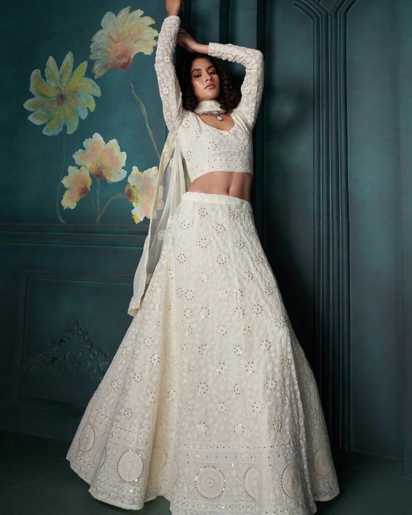 Ivory White Lakhnavi work Lehenga