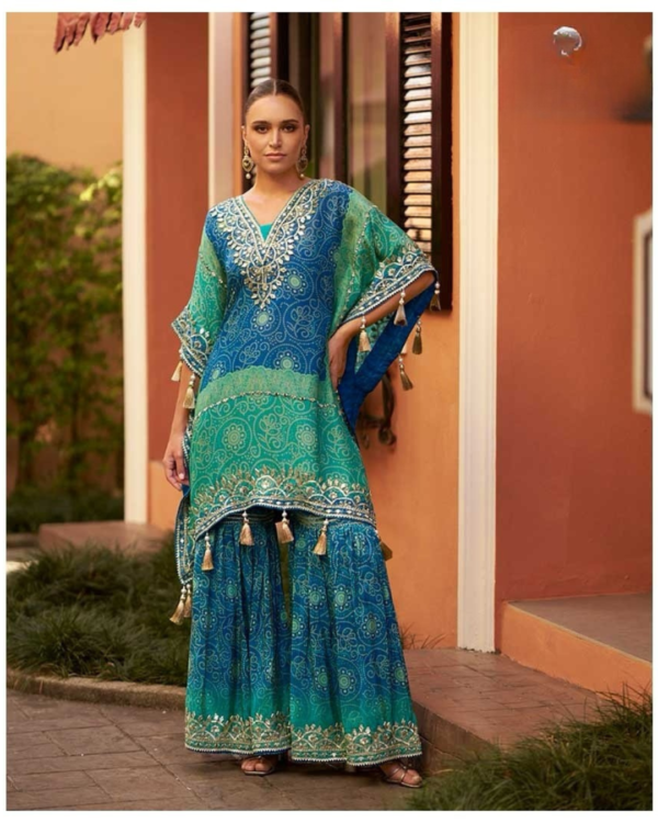 Gota patti work Sea Blue Kaftan and Gharara set