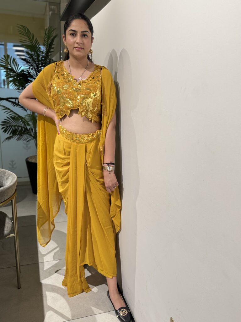 Yellow Cowl Skirt and Cape Set with Heavy Beaded Crop Top