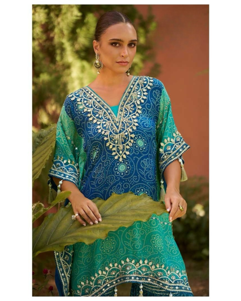 Gota patti work Sea Blue Kaftan and Gharara set