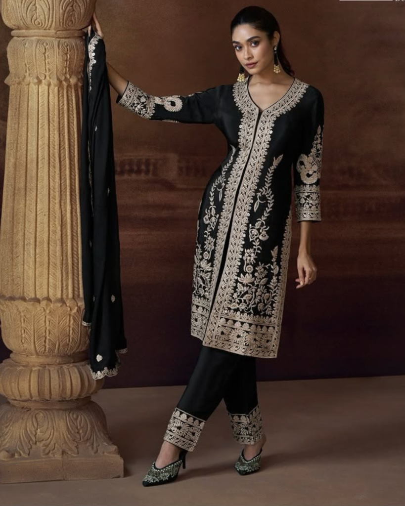 Black Chinon Silk Palazzo Suit
