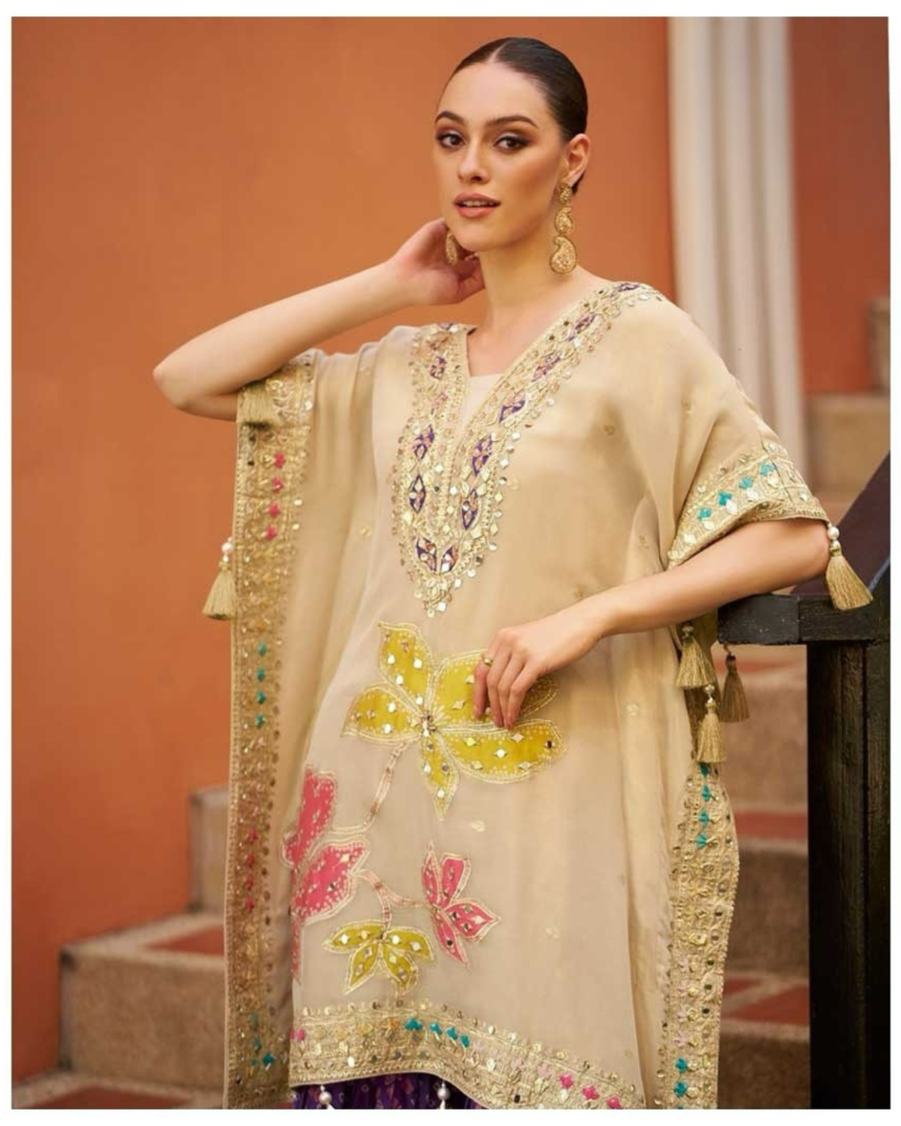 Beige Kaftan and Purple Gharara