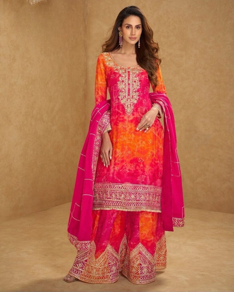 Red Orange digital print Gota pati lacework Palazzo set