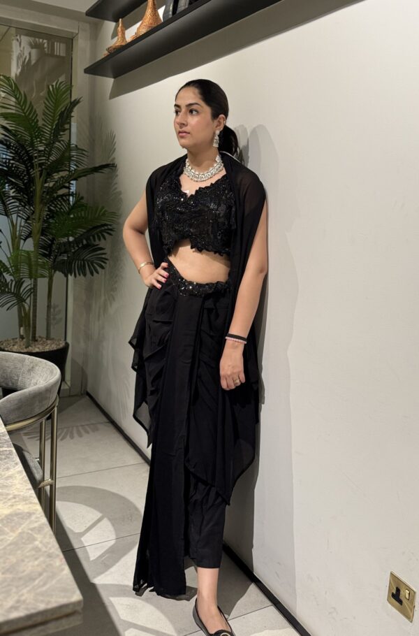 Black Cowl Skirt and Cape Set with Heavy Beaded Crop Top