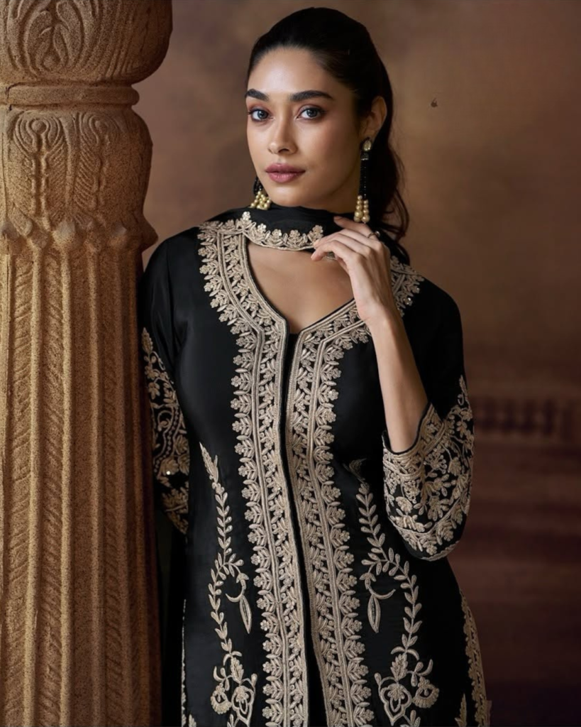 Black Chinon Silk Palazzo Suit
