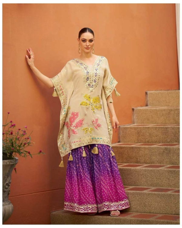 Beige Kaftan and Purple Gharara