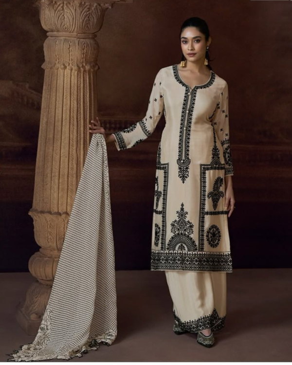 White Chinon silk Suit with black contrast threads