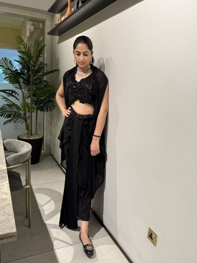 Black Cowl Skirt and Cape Set with Heavy Beaded Crop Top