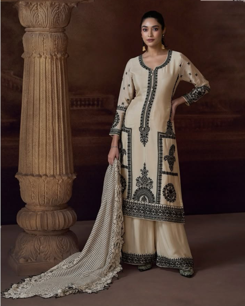 White Chinon silk Suit with black contrast threads