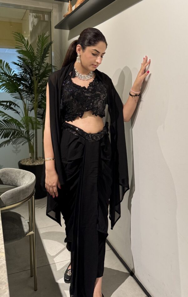 Black Cowl Skirt and Cape Set with Heavy Beaded Crop Top