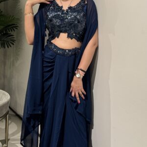 Navy Blue Cowl Skirt and Cape Set with Heavy Beaded Crop Top