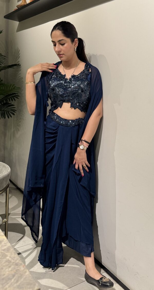 Navy Blue Cowl Skirt and Cape Set with Heavy Beaded Crop Top