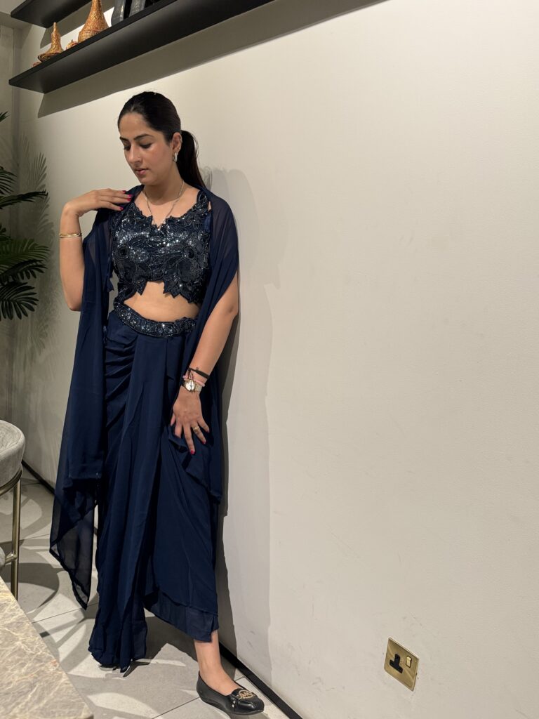 Navy Blue Cowl Skirt and Cape Set with Heavy Beaded Crop Top