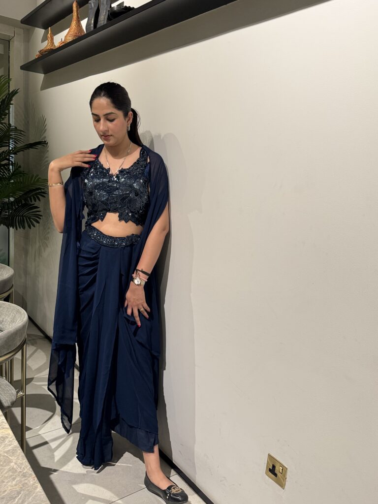 Black Cowl Skirt and Cape Set with Heavy Beaded Crop Top